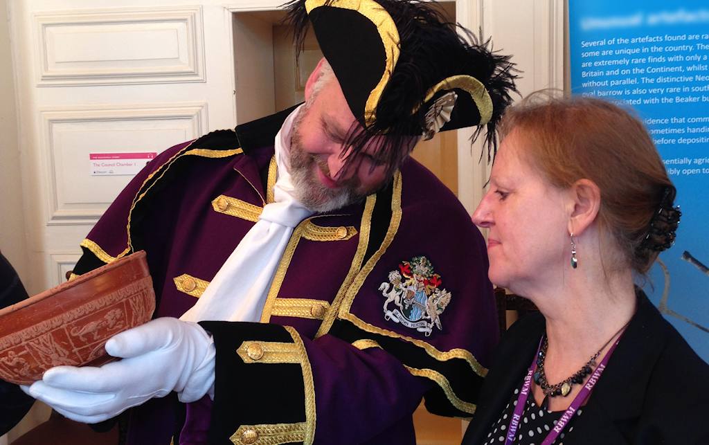 Town Crier examines Roman Samian Ware bowl at Windsor Guildhall Museum